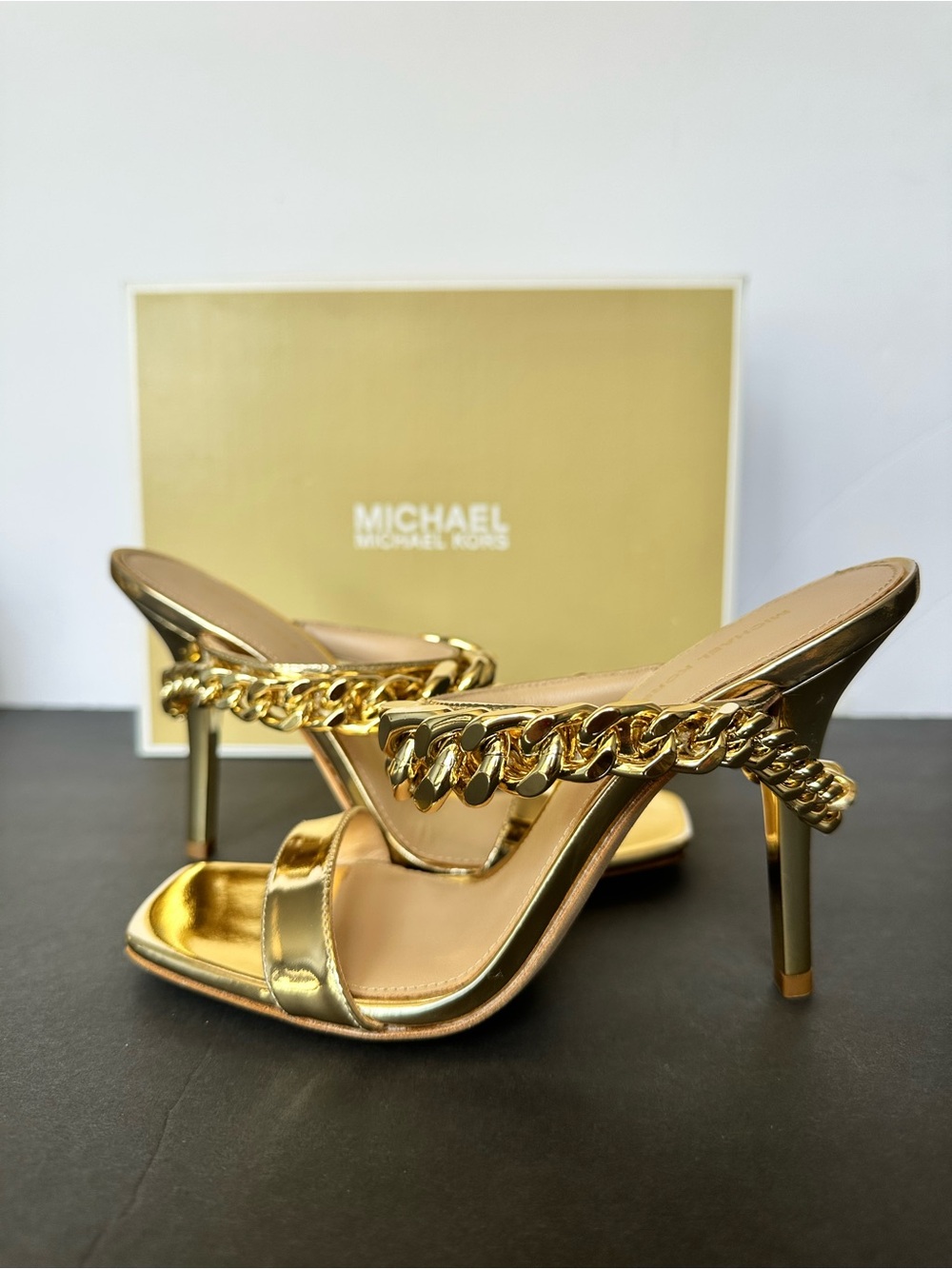 Michael Kors Metallic Gold Chain Strap High Heel Mules.  NEW WITH BOX - Picture 4 of 15
